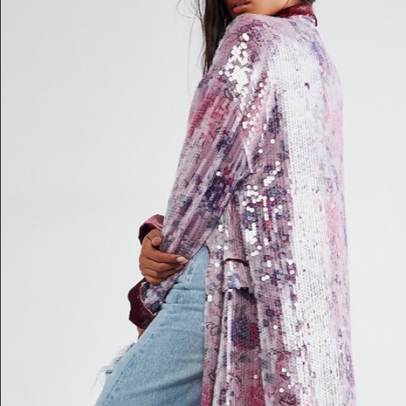 Free People Kealey Kimono Sequin Pink Purple Velvet Cardigan Jacket Duster $298 - Picture 9 of 13